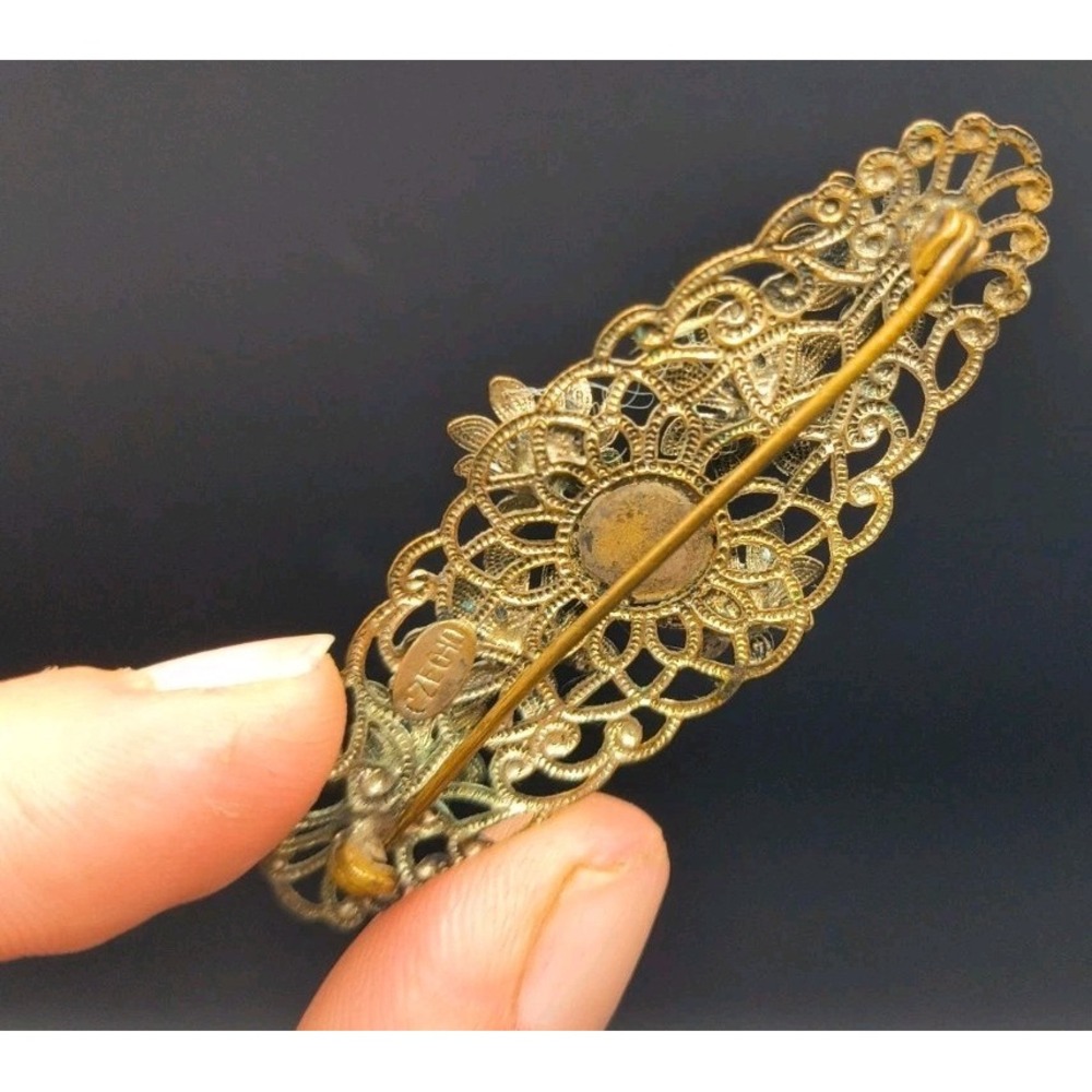Vintage 1920-30s Czech Brass Filigree Brooch Pin Turquoise Glass Cabochons Art - Picture 6 of 9